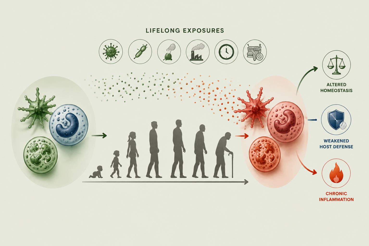 Immune aging across the lifespan showing lifelong exposures and changes in innate immunity